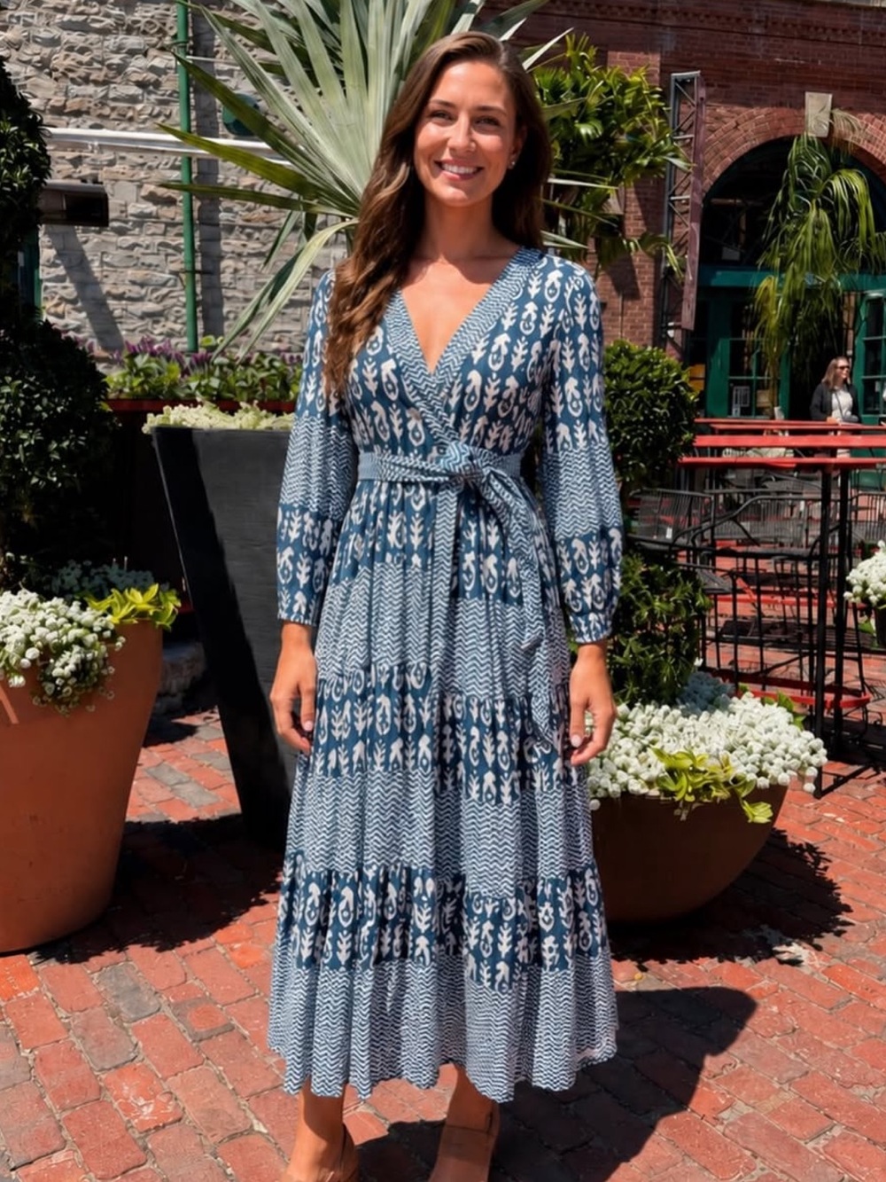 Blue Printed V-Neck Wrap Midi Dress